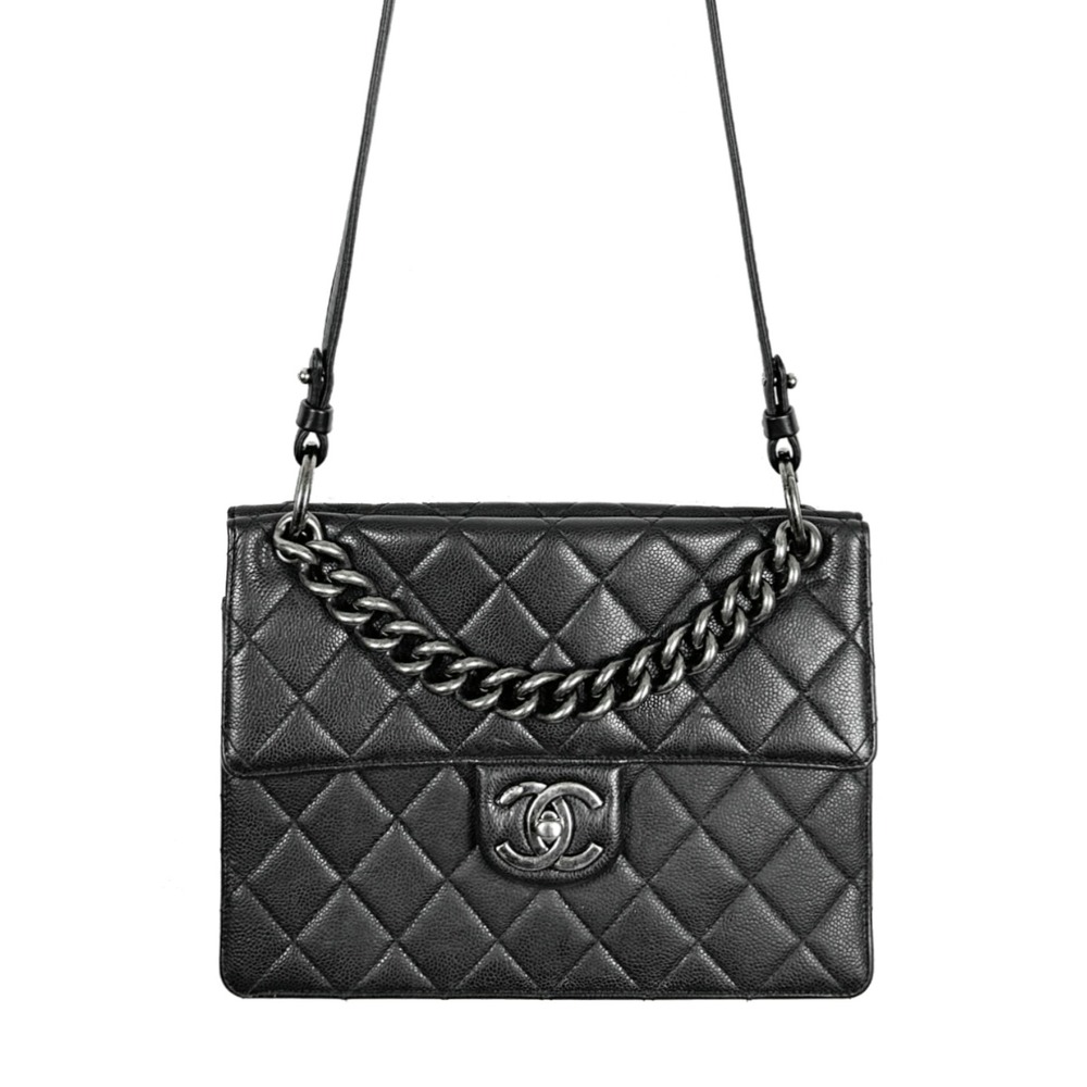 Chanel Black Caviar‎ Leather Quilted Flap Shoulder Bag Silver CC Chain